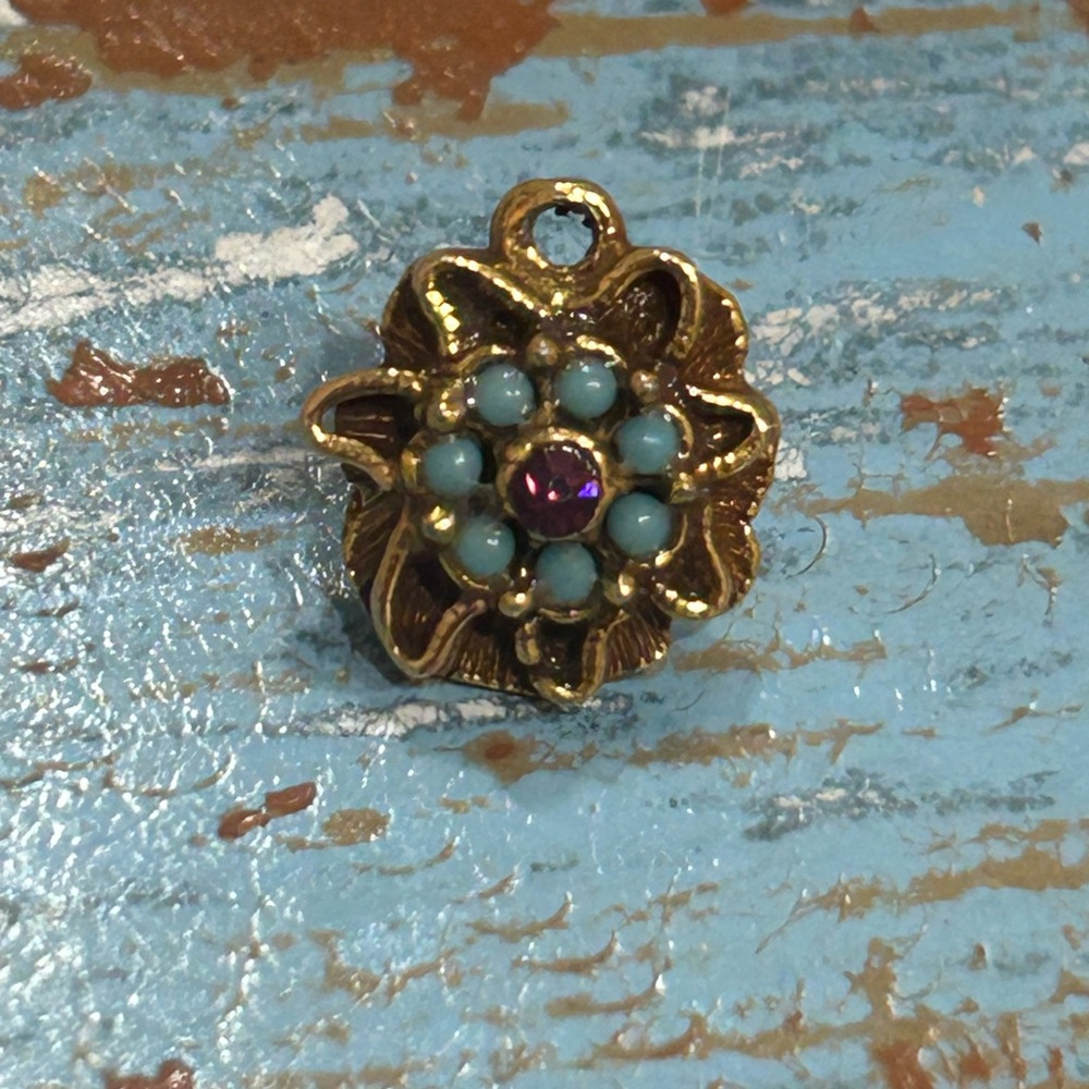 Vintage dainty turquoise and rhinestone pin or pendant